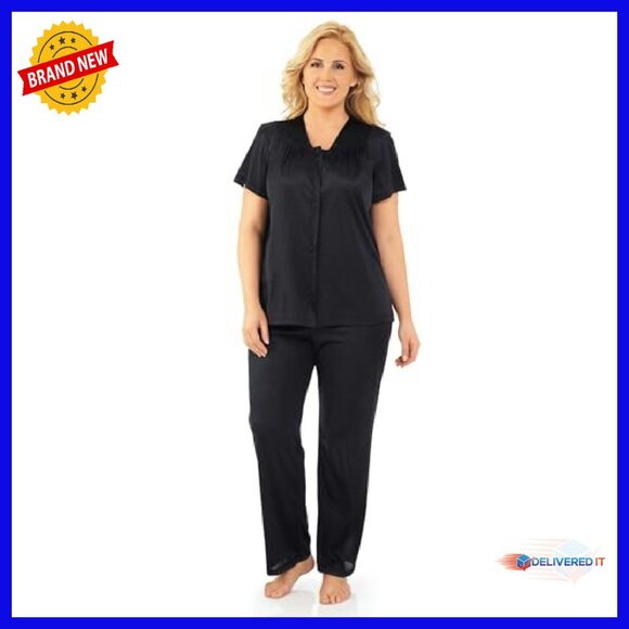 Soft Nylon Pajama Set with Floral Embroidery, Short Sleeve, Elastic Waist - Picture 2 of 6